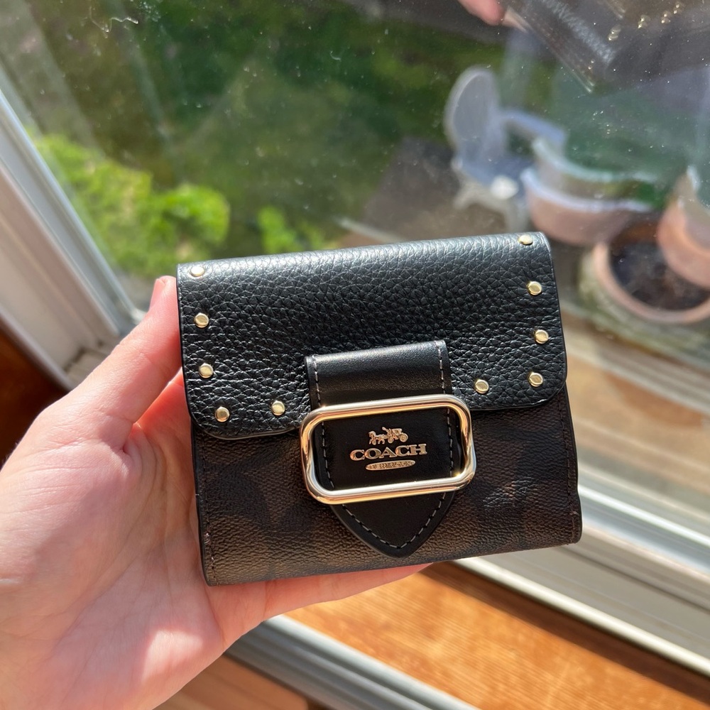 Coach Small Morgan Wallet in signature jacquard with gold rivet studs